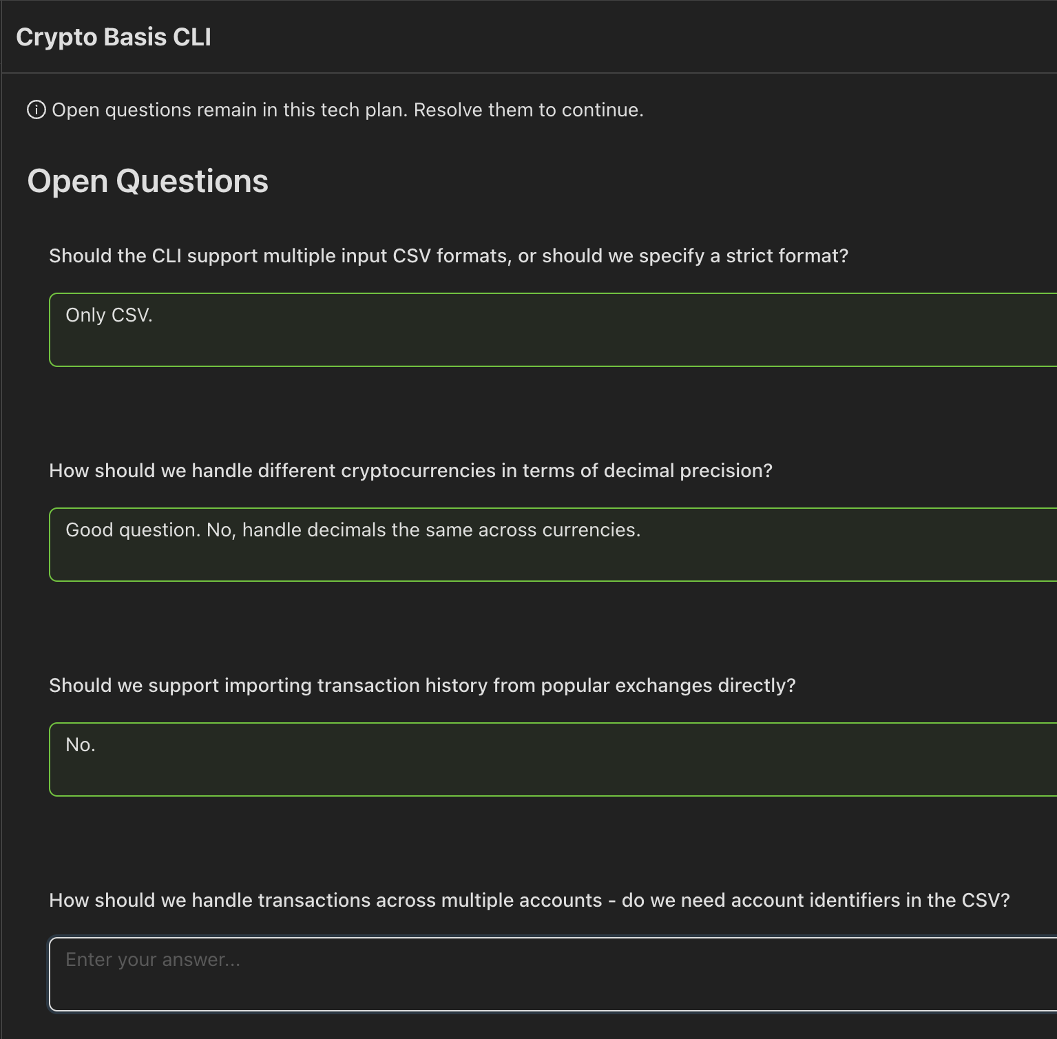 Projects allows users to collaborate with Solver on a structured technical plan, surfacing key open questions about the requirements and design